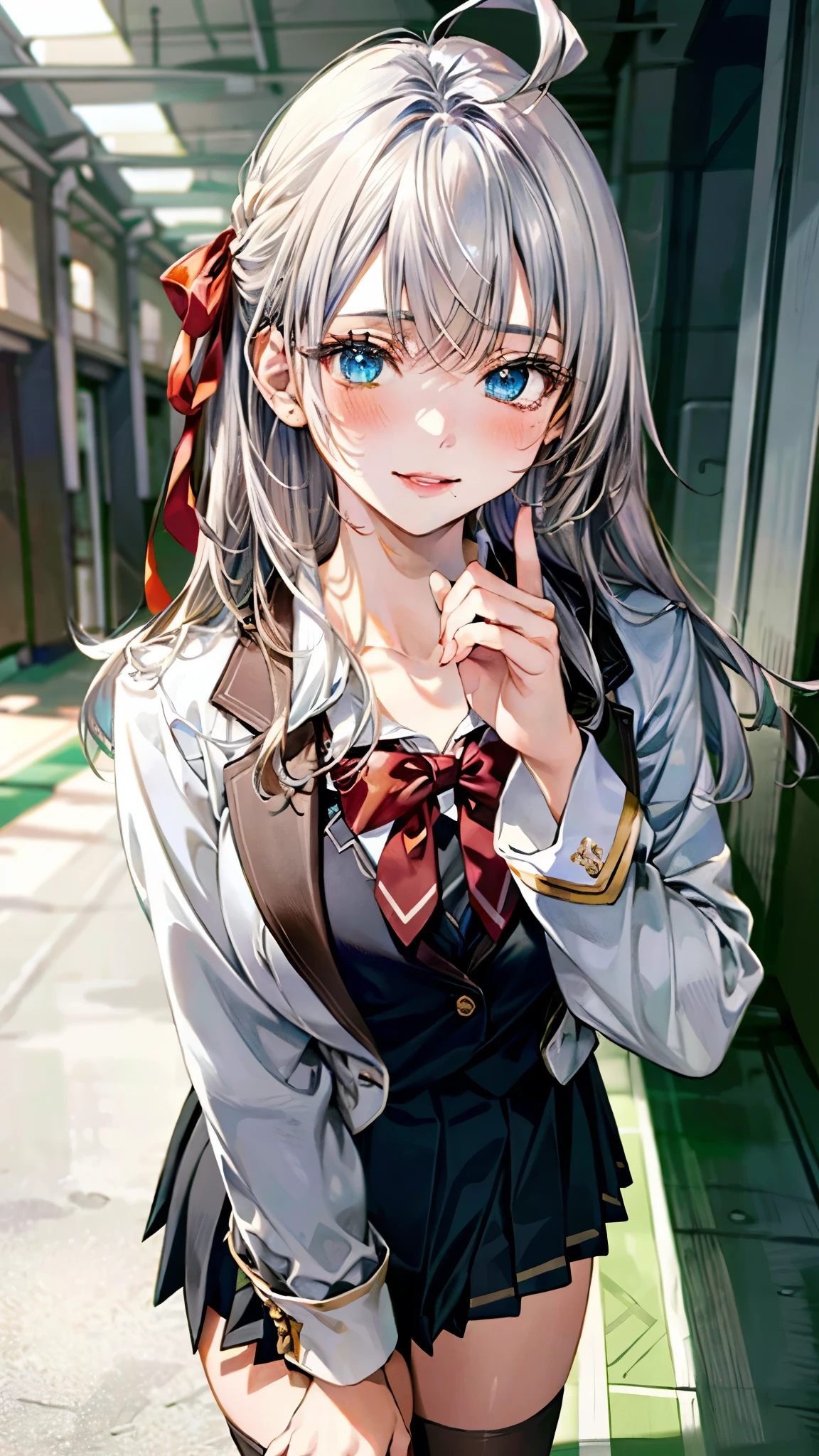 (masterpiece:1.3, top-quality, ultra high resolution, ultra detailed), (realistic, photorealistic:1.4), beautiful illustration, perfect lighting, natural lighting, depth of fields, , 
beautiful detailed hair, beautiful detailed face, beautiful detailed eyes, beautiful clavicle, beautiful body, beautiful chest, beautiful thigh, beautiful legs, beautiful hands, shiny skin, 
looking at viewer, 1 girl, high school girl, alisa kujou, (perfect anatomy, anatomically correct), cute and symmetrical face, face, perfect face, perfect eyes, 
(long hair, straight hair, sideburns, silver hair), crossed bangs, ahoge, blue eyes, slant eyes, long eye lasher, (medium breasts, seductive thighs), slender, outstanding style, 
(schooluniform, short length long sleeve light brown blazer, black vest, black pleated skirt with white line, white collared shirt, white thigh-highs with gold line), red bow tie, 
(beautiful scenery), evening, (school hallway:1.2), standing, (leaning forward), (lovely smile, upper eyes, parted lips), 