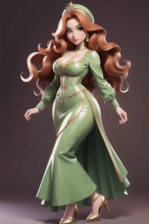 perfect face, red lips, green eyes,long dark brown hair with very long dark brown hair, super long dark brown hair with very super long dark brown hair, large hair, huge hair, woman wearing purple waisted mermaid dress,full body costume,realisian miniature model, render style , realisian proportions, good proportions 