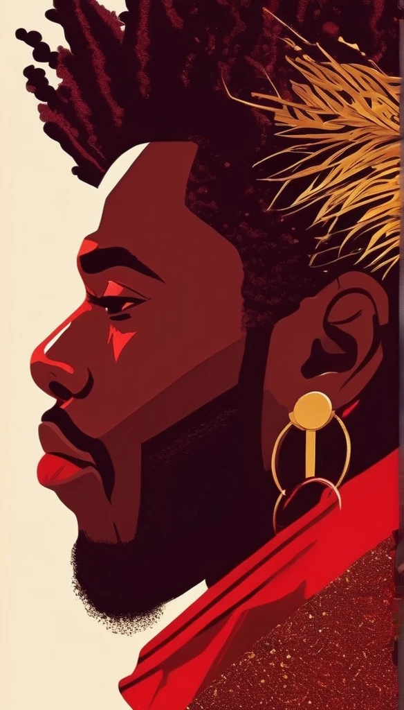 Ultra-high contrast portrait of a Black man with wild hair, seen in profile against a vivid red background. Digital illustration style with bold vectorized features. Golden grills on teeth, eyes closed in intense expression. Sharp, graphic outlines and limited color palette of deep reds, blacks, and gold accents. Inspired by neo-pop art and urban contemporary aesthetics. Hyper-detailed linework in hair and facial features