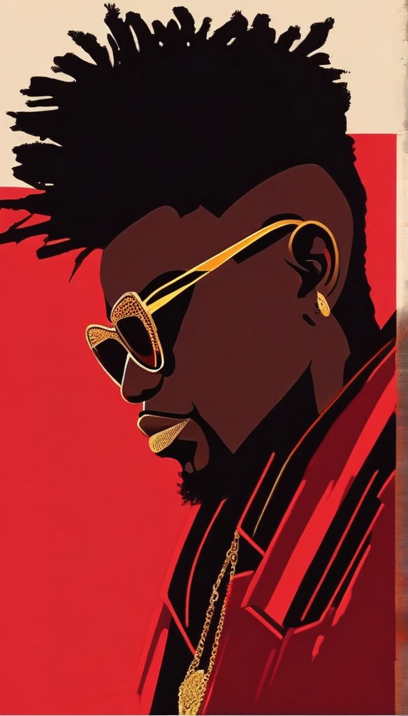 Ultra-high contrast portrait of a Black man with wild hair, seen in profile against a vivid red background. Digital illustration style with bold vectorized features. Golden grills on teeth, eyes closed in intense expression. Sharp, graphic outlines and limited color palette of deep reds, blacks, and gold accents. Inspired by neo-pop art and urban contemporary aesthetics. Hyper-detailed linework in hair and facial features