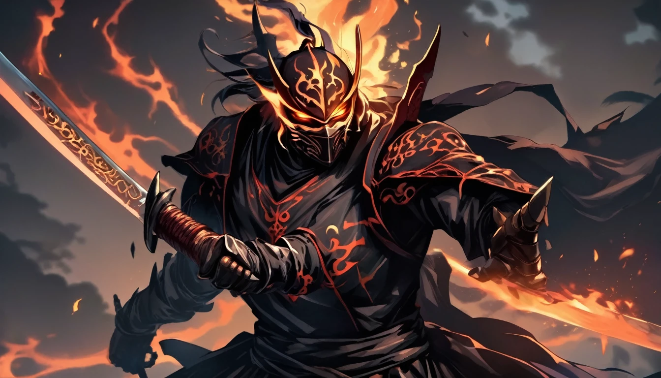 ninja mask, cape,close up, black heavy detailed clothes, katana, art, dark and malevolent, hand sword, armor, powerful and intimidating, (masterpiece, best quality, ultra-detailed, best shadow), (detailed background, dark fantasy) dramatic light, intricate details, dark and malevolent, powerful and intimidating, Dark and foreboding, malevolent force, sinister and chilling, armor, high detailed background, girl in demon slayer art, demon slayer art style, epic anime art, God death