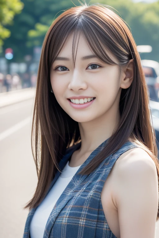High resolution, RAW Photos, Realistic, Very delicate and beautiful, Very detailed, In detail, Very detailed CG unity 8K wallpaper, Super detailed, (Highest quality, 8K, 32k, masterpiece, 超High resolution:1.2), Cute Japanese Model Photos, JK , Blue plaid pleated skirt, tie, Brown cardigan, Beautiful and elaborate face, Clear, beautiful, narrow eyes, Delicate figures, expensive, skinny, Medium Straight Hair, An innocent smile, Upper teeth, Outdoor, Walking on the station platform, Surreal, Real life anime girls,