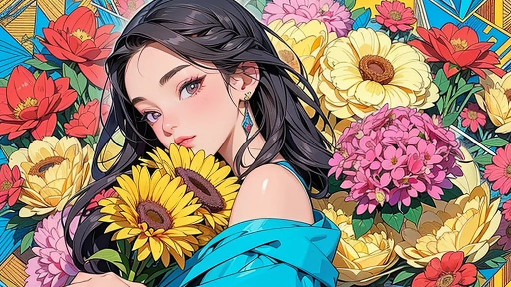 (ultra-Detailed Background, Detailed Background), Absurd, High resolution, Super detailed, Very detailed, One girl, (bouquet:1.3), (Tangled:1.2), (Geometric:1.2),(colorful),