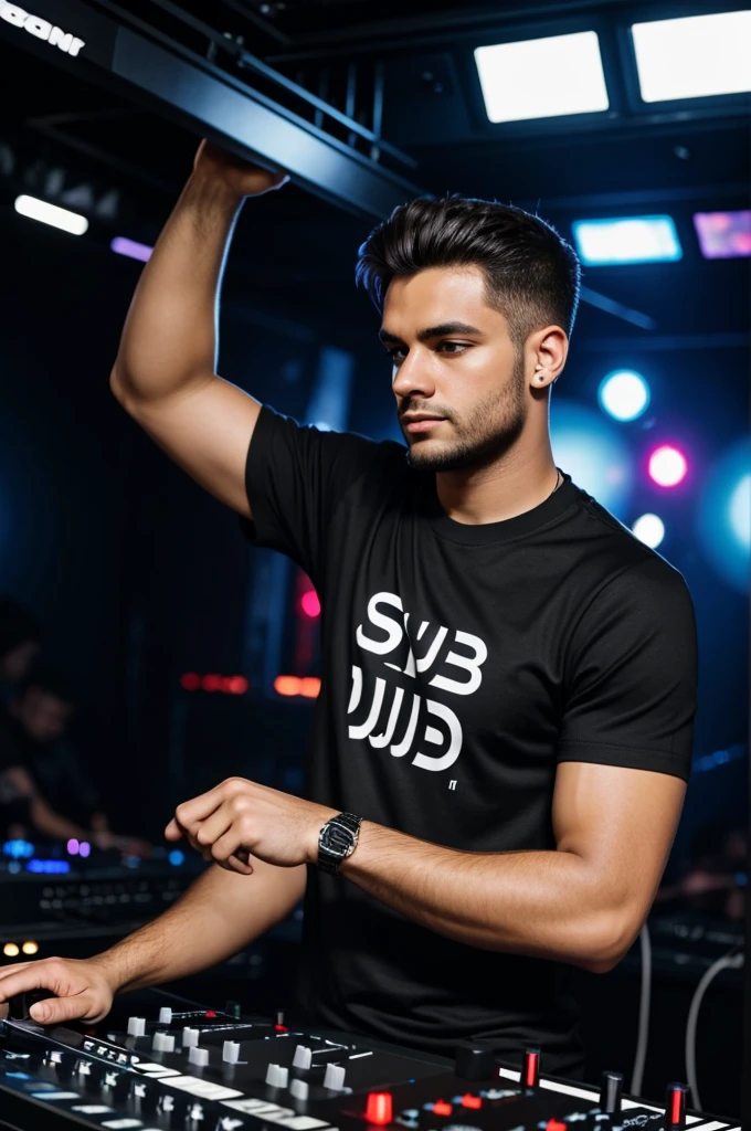Image of a dj with a black t-shirt that says club sound djs