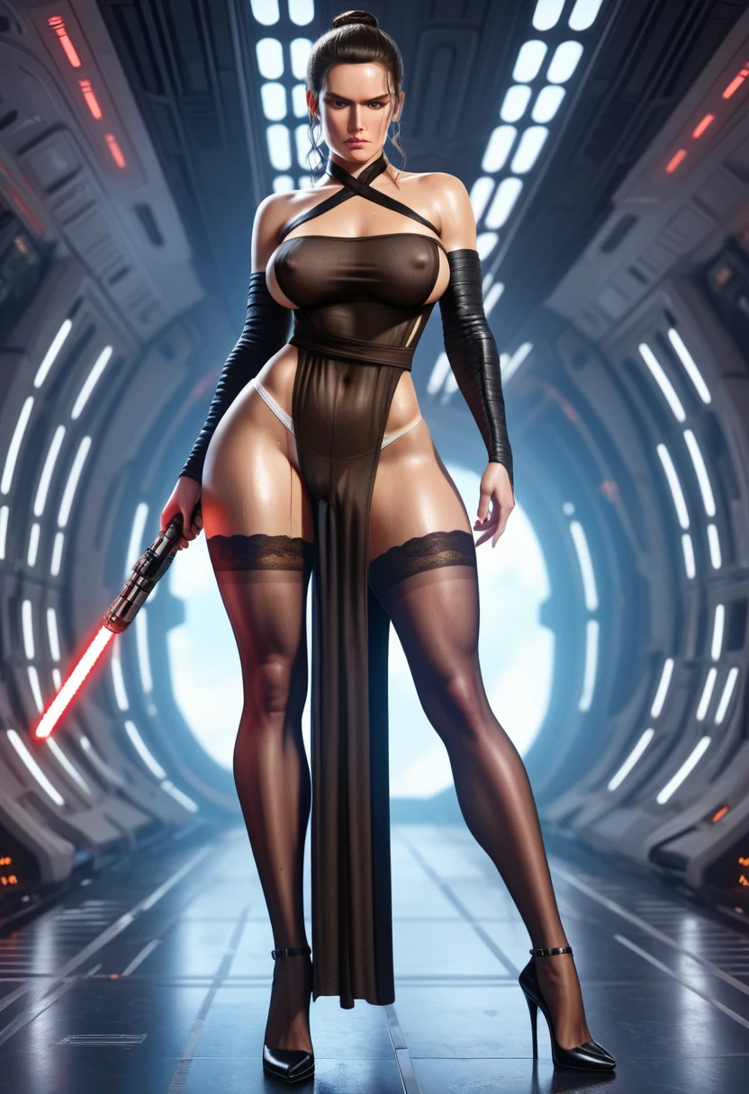 score_9, score_8_up, score_7_up, score_6_up, realistic, (star wars Rey Skywalker), standing, ((huge natural breasts)), brown eyes, rey bun hairstyle, (black tube top), (covered nipples), (black pelvic curtain), (white wet panties), perfect pussy cameltoe, (black stockings), playing with lightsaber, horny expression, (front view)1.1, (inside spaceship, Millennium Falcon background) (detailed stockings fabric) (wearing 20cm sexy high heels stilettos shoes) (detailed face)