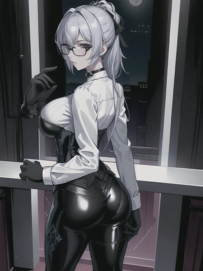 Masterpiece, Beautiful art, professional artist, 8k, art style by sciamano240, rostro de Bronya Zaychik, detailed body, Very detailed face, very detailed eyes, Detailed clothing, detailed fabric, Best Quality, better resolution, 1 girl, view from behind, perfect ass, standing, big breasts, serious expression, at night , silver hair, glasses, choker:1.6, (long sleeve white collar buttoned shirt), (shiny black corset), black gloves covering your hands,  (shiny black leggings), looking at the viewer, elegant room, at night