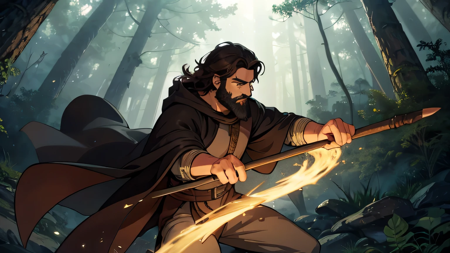 motion scene of  man with dark brown beard, long dark brown hair, light yellow-brown eyes and dark brown and light brown tunic from the 4th century BC. C., with a light brown cloak, about 50 years old, attacking with a wooden stick, in a dark and mysterious forest at night, movement scene in the forest, changing lighting, hyper-realistic, cinematic lighting,