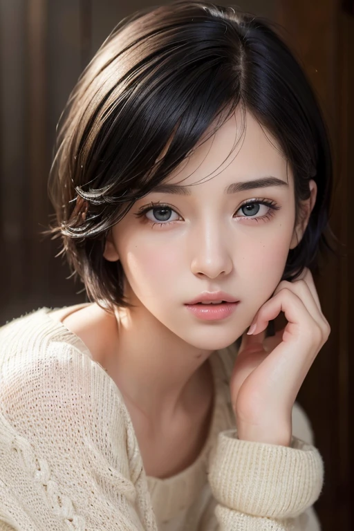 (masterpiece:1.3), (8K, Realistic, RAW Photos, Highest quality: 1.4), (One girl), Beautiful Face, (Realistic Face), (Black Hair, short hair:1.3), Beautiful hairstyle, Realistic eyes, Beautiful attention to detail, (Realistic Skin), Beautiful Skin, (sweater), Absurd, Charm, Ultra-high resolution, Ultra-realistic, Very detailed, Golden Ratio,Nude Style