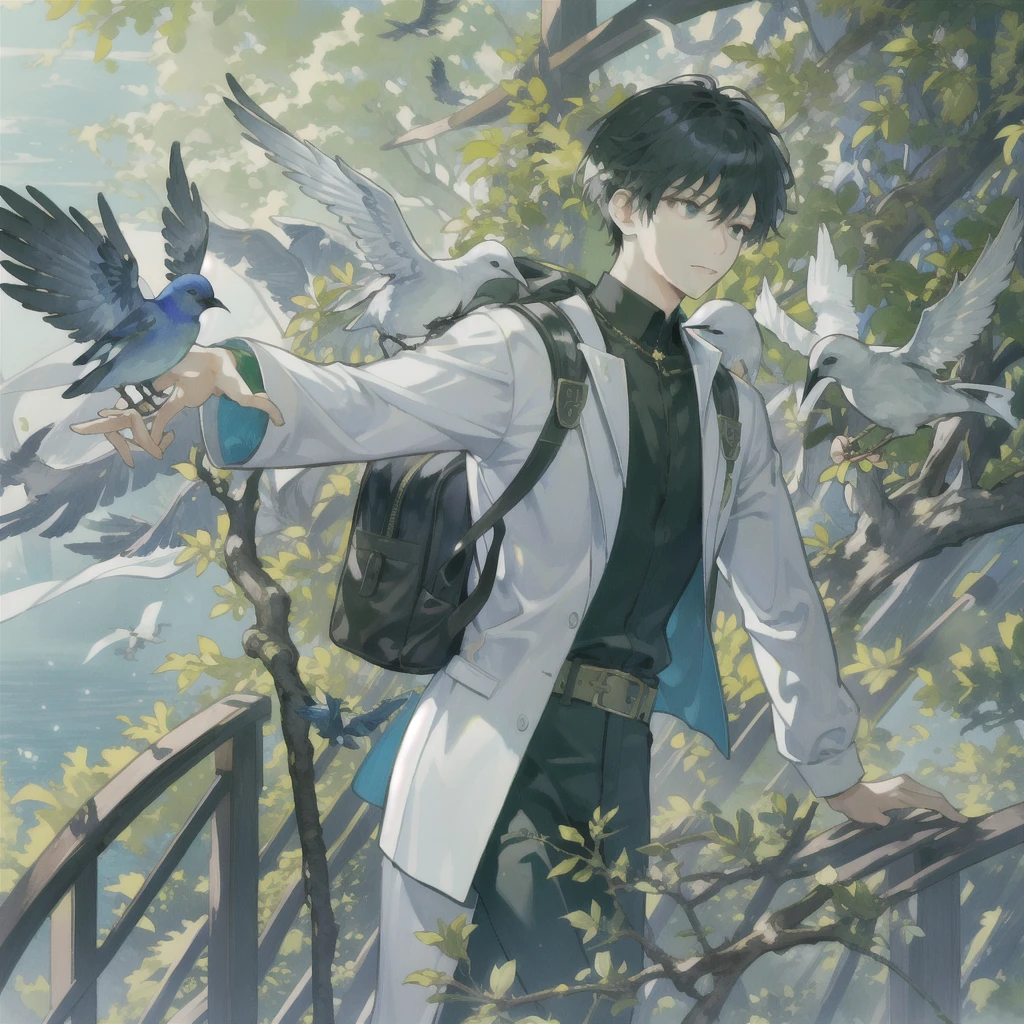 masterpiece, Highest quality, One boy, Male Focus, good looking, Residential Street, fence, Spindle Tree, Afternoon Sun, On the way home from school, , Backpack, Flock of birds, From the side, Depth of written boundary