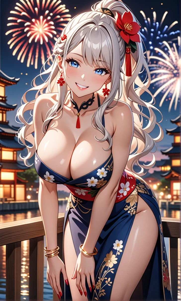 ultra-detailed, ((one girl)), nsfw, ((a girl with white hair girl)), hyper detailed, absurdres, 8K, Beautiful Face, (Laugh shyly), ((teasing smile:1.8)), ((Wink:1.8)), (Laugh with your mouth wide open),((Tilt your head:1.6)), View your viewers, ((Bright red cheeks:1.6)),Glossy Red Lips, ((Big Breasts:1.5)), (valley), ((show off breast:1.7)), night, Riverside,On Bridge, firework, (Brighten your face), ((Anime style background)),masterpiece, Highest quality, so beautiful,Latest, Complex details, (Pink long nails), (nail art), (ring),(bracelet), (Floral Choker),AI-generated, Complex,High resolution, Highest quality, super high quality,3D Images、3D Images,One person,((White long hair)),(High Ponytail), (wavy hair:1.3), Fair-skinned anime woman posing for a photo, ((Fine grain、blue eyes、glowing eyes:1.4)), ((add white color to blue eyes)), (Squint your eyes:1.1),a hyperRealistic , hyperRealistic , Realistic, Anime woman with long white hair, Smooth anime CG art, A girl in a gorgeous kimono with gold embroidery, ((black furisode:1.4)), ((undressing)), (Red floral pattern) ,Long flower hair ornament,Floral Earrings,Mature Body, tall,Abdominal muscles,Tight waist,((leaning forward:1.7)), Putting your hands on the railing, (from side),