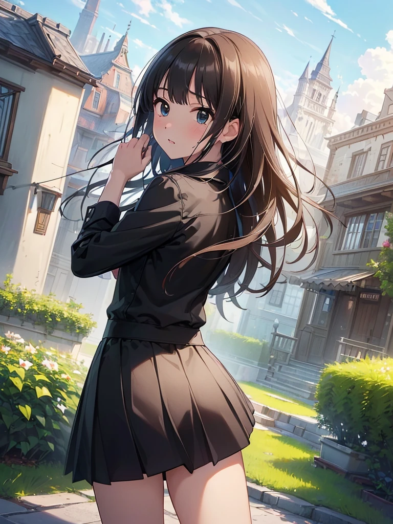 ((masterpiece) (((((Highest quality))))((high resolution))))), Very detailed, Ultra-realistic, Black Hair)、、、City、building、、(、Embarrassed face、、Ass 、Face looking back、From below、((Low - Angle))、Black Skirt、、garden、、Cowboy Shot、Whitepanties))、Long Hair、Wind