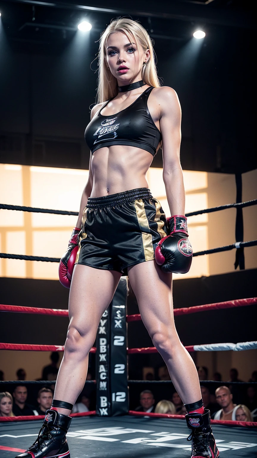 Cute young sexy blonde college bombshell, (young barbie doll face), 18 years old, blue eyes, (black boxing shorts), (sexy boxing shorts), (tiny bra), (black boxing boots), blue eyes, straight blonde hair, muscular arms, slim toned body, tiny waist, boxing gloves, ((lipstick, heavy makeup:1.3)), ((sexy black boxing shorts:1.3)), bimbo, full lips, perfect face, slutty makeup, perky breasts, small firm breasts, intimidating pose in a boxing ring, ((full body portrait:1.3)),