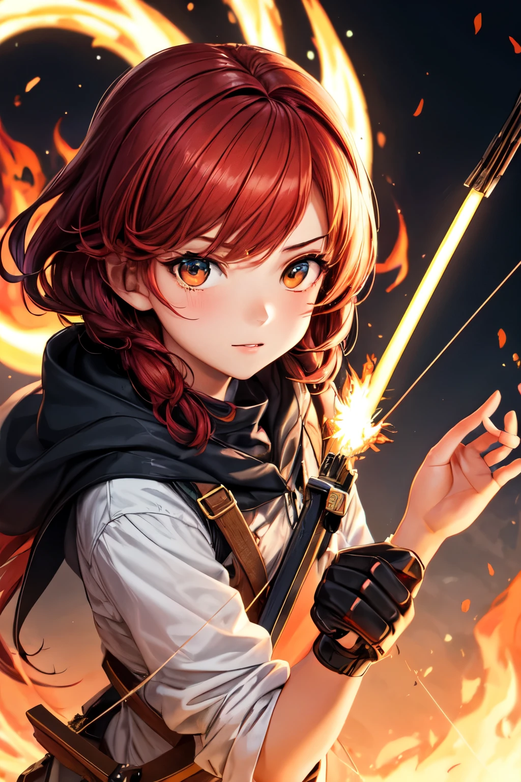 1 girl, Red hair, flaming eye, small one handed crossbow, llamas, bright, side lighting, hellish wallpaper