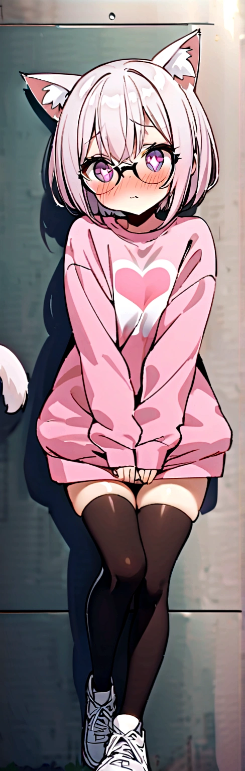 I have white pink hair, cat ears, a bun, my face is super blushing, black glasses, pink heart eyes, a big pink sweatshirt, a black skirt, black stockings, white shoes, a cat's tail, a girl. very shy that she is glued to a wall with her butt