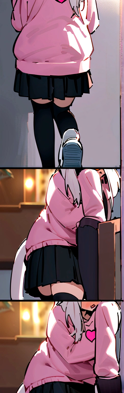 I have white pink hair, cat ears, a bun, my face is super blushing, black glasses, pink heart eyes, a big pink sweatshirt, a black skirt, black stockings, white shoes, a cat's tail, a girl. very shy that she is glued to a wall with her butt