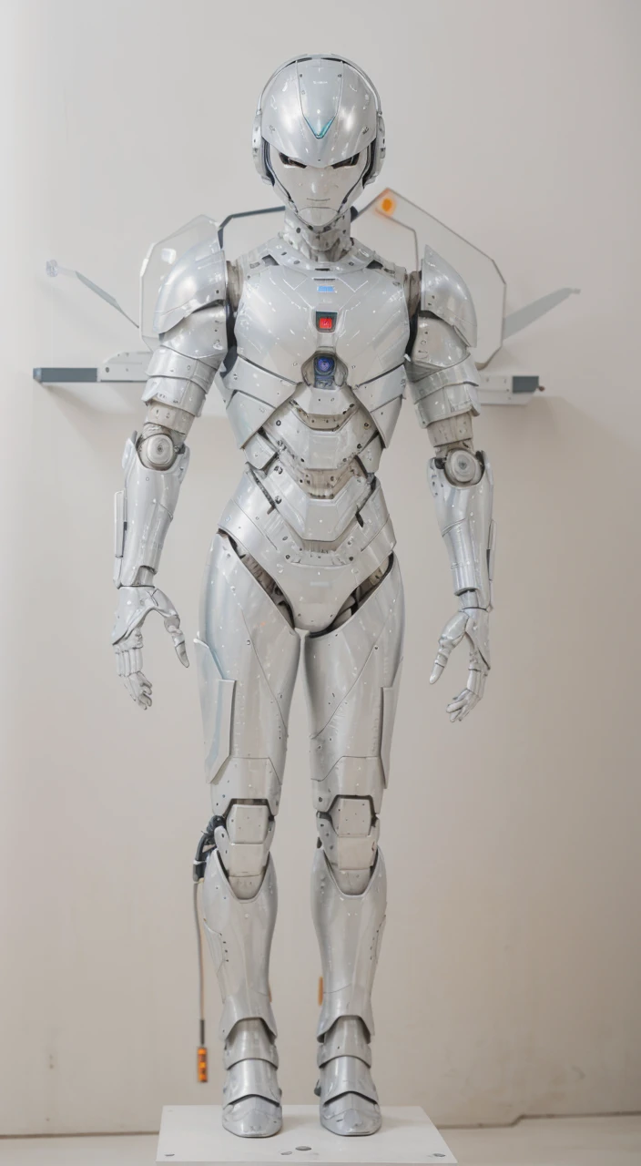 a humanoid robot with an intricate, armored exterior, detailed helmet with angular design, standing upright, highly detailed, mechanical, in a futuristic laboratory, industrial background, with visible gears and circuits integrated into the armor, central glowing core on the chest, robotic limbs with articulated joints and armor plating