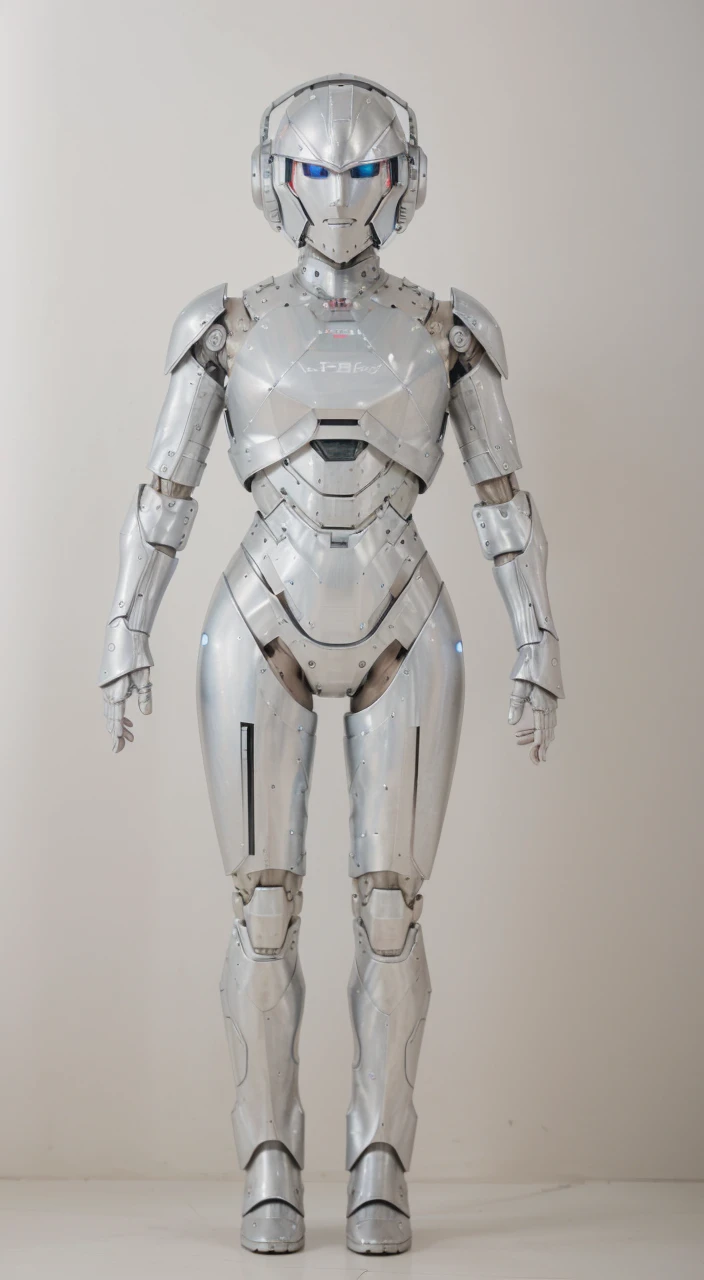 a humanoid robot with an intricate, armored exterior, detailed helmet with angular design, standing upright, highly detailed, mechanical, in a futuristic laboratory, industrial background, with visible gears and circuits integrated into the armor, central glowing core on the chest, robotic limbs with articulated joints and armor plating