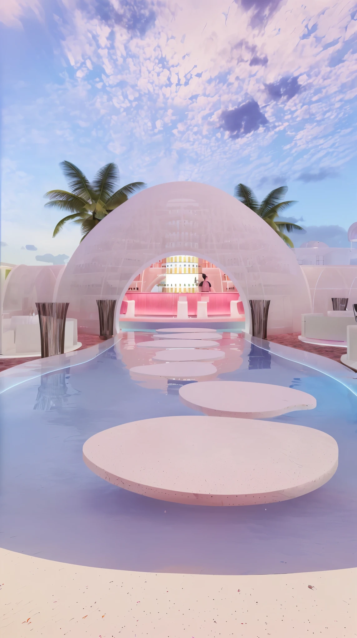 There is a white masterpiece, best quality, high quality, Extremely detailed CG Unity 8K wallpaper, Depth of Field, There is a white domed swimming pool and a pink swimming pool, In a futuristic desert palace, Kawaii HD Rendering, Karim Rashid, Inspired by Joao Artur da Silva, take, Vaporwave Building, Neon City Dome, Palace on the water, Inspired by Cherryl Fountain, Pink Arch, Inspired by Riccardo Bofill, In a Candy Land-style house, Dreamy atmosphere