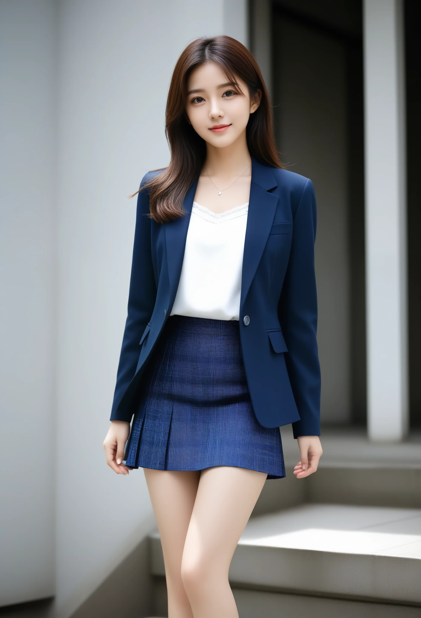 8K, Ultra-high resolution, Highest quality, masterpiece, 三分割法によるphotograph,Surreal, photograph, 1 Girl, (:1.3), pretty girl, Cute face, Beautiful eyes in every detail, 細かくdetailedに,masterpiece,, One Girl:1.2, Japan Female Announcer、Cowboy Shot,((very small head:1.3)),Center-parted bangs,amount,Black Hair,Long Hair,Iris,Gorgeous eyes,smile,((Toned body,Slender body,skinny)),(school uniform、Dark blue blazer jacket、Navy blue tie、Grey plaid pleated mini skirt,loafers),Glowing Skin,Shiny skin,Climbing the stairs,Fire escape in a building,Back view,Turn around and look at the audience,Beautiful leg line beauty,Captivating thighs,Full of sex appeal,Sensual,屈託のないsmile,Heal the heart,Ultra low angle、beauty,Long neck、Laugh a little、Please close your mouth and laugh、(((Ideal body type))),A cup small breasts :2,、Portraiture:2、Perfect Anatomy、鮮明なdetailed、detailed、Surreal、Light and shadow,Strong light