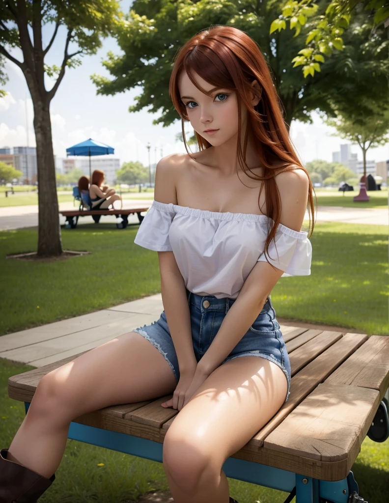 Sexy young girl with a good body, long haired redhead with blue eyes, Short white off-the-shoulder shirt, bright blue short jean shorts, serious look, sexy, short brown boots with white, sitting on a seesaw, sitting in a park, sitting outdoors