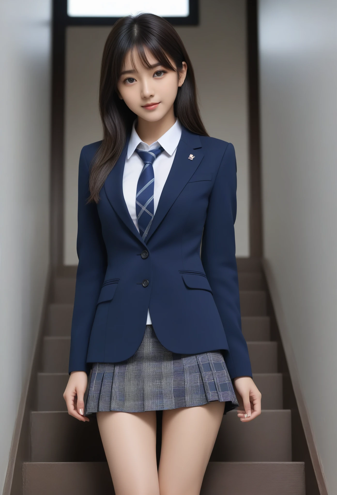8K, Ultra-high resolution, Highest quality, masterpiece, 三分割法によるphotograph,Surreal, photograph, 1 Girl, (16 years old:1.3), pretty girl, Cute face, Beautiful eyes in every detail, 細かくdetailedに,masterpiece,, One Girl:1.2, Japan Female Announcer、Cowboy Shot,((very small head:1.3)),Center-parted bangs,amount,Black Hair,Short Bob,Long Hair,Iris,Gorgeous eyes,smile,((Toned body,Slender body,skinny)),(school uniform、Dark blue blazer jacket、Navy blue tie、Grey plaid pleated mini skirt,loafers),Glowing Skin,Shiny skin,Climbing the stairs,Fire escape in a building,Back view,Turn around and look at the audience,Beautiful leg line beauty,Captivating thighs,Full of sex appeal,Sensual,屈託のないsmile,Heal the heart,Ultra low angle、beauty,Long neck、Laugh a little、Please close your mouth and laugh、(((Ideal body type))),A cup small breasts :2,、Portraiture:2、Perfect Anatomy、鮮明なdetailed、detailed、Surreal、Light and shadow,Strong light