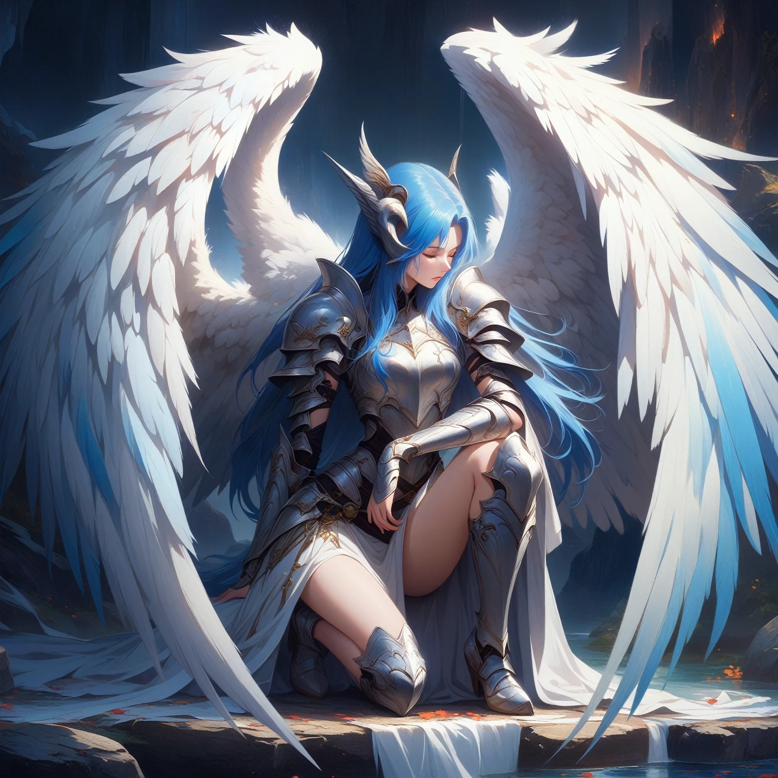 A painting，The painting shows a woman with blue hair and wings sitting on a rock, angel knight girl, Angel Knight Gothic Girl, angel in plastic armor, Epic Angel Wings, Winged Armor Horn, Anime Fantasy Artwork, 2. 5 d cgi Anime Fantasy Artwork, Beautiful angel girl, Anime Art Wallpaper 4K, Anime Art Wallpaper 4K, Anime epic artwork