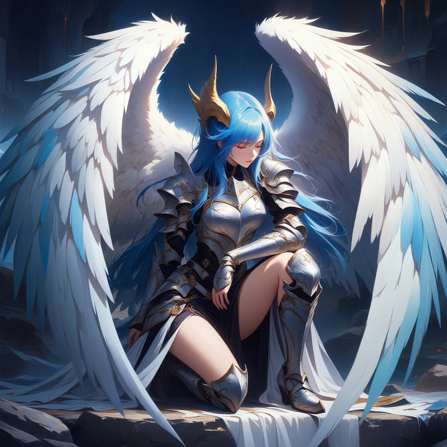 A painting，The painting shows a woman with blue hair and wings sitting on a rock, angel knight girl, Angel Knight Gothic Girl, angel in plastic armor, Epic Angel Wings, Winged Armor Horn, Anime Fantasy Artwork, 2. 5 d cgi Anime Fantasy Artwork, Beautiful angel girl, Anime Art Wallpaper 4K, Anime Art Wallpaper 4K, Anime epic artwork