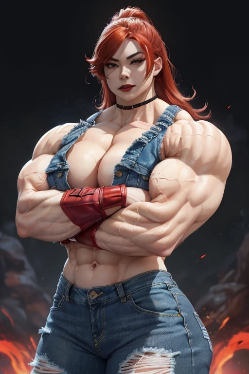 ((((Massive, beautiful, buff, pale white skinned muscular asian woman with red hair, black lipstick, ginormous bulky muscles, crossed arms and wearing a denim jacket and a tight denim pants)))), (close view), massive muscles, hyper muscles, long hair, ((tight tank top)), tight tank top, yellow eyes, choker, (((denim jacket))), (denim gloves), high heel boots, crimson colored flames, (crimson fire background), closed smile, night, ginormous arms