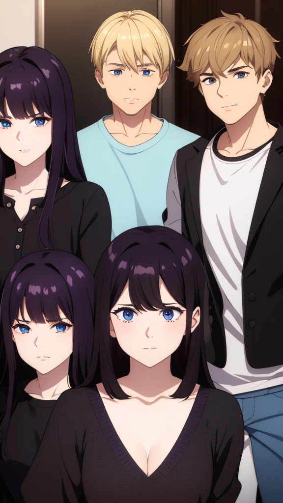 Only four people,  girls, boys, one girl has long dark purple hair, black eyes, the other girl has black hair with bangs, brown eyes, one boy has white hair and blue eyes, And the other boy has blond hair and brown eyes, they are all wearing black clothes 