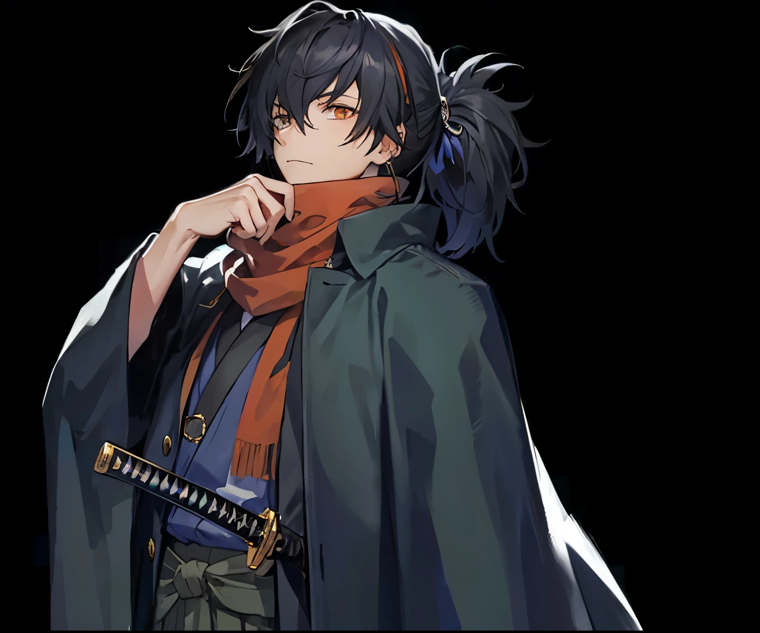 Masterpiece, Best Quality, Ultra-Detailed, 1man, young, 24 years old, black hair, ponytail, orange eyes, social shirt, gray shirt, bottom-up shirt, black coat, overcoat, black overcoat, scarf, orange scarf, katana on waist, black sword grip on waist, samurai clothes, pirate clothes, pirate coat, black details, Medium Close-up, Feminine,1woman, dg_Mark, encouraging facial expression