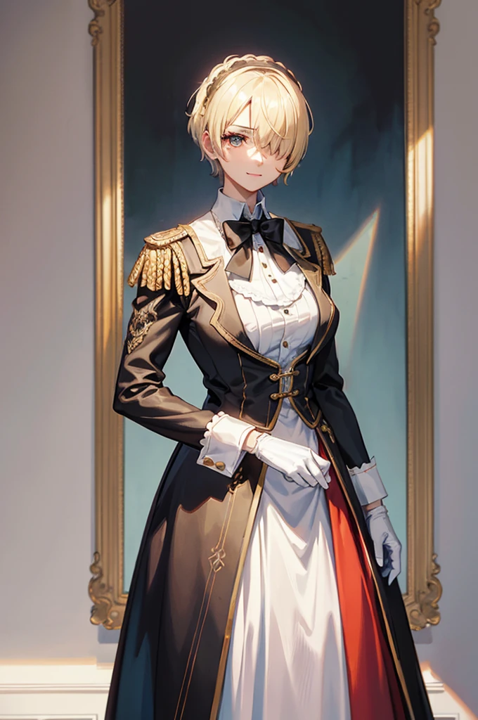 1 person, mature, (((Woman dressed as a man))),(((Butler))), count, viscount, Victorian era,(Barrette)、(((Hair on one eye)))、(((Blonde short hair))),(Red eyeedium Breast),smile、 suit, coat,  White gloves, Gold and red design, Black Shirt, No background, Absurd, High resolution, Super sharp, 8K, masterpiece, View your viewers, Are standing, No background, No background, White Background