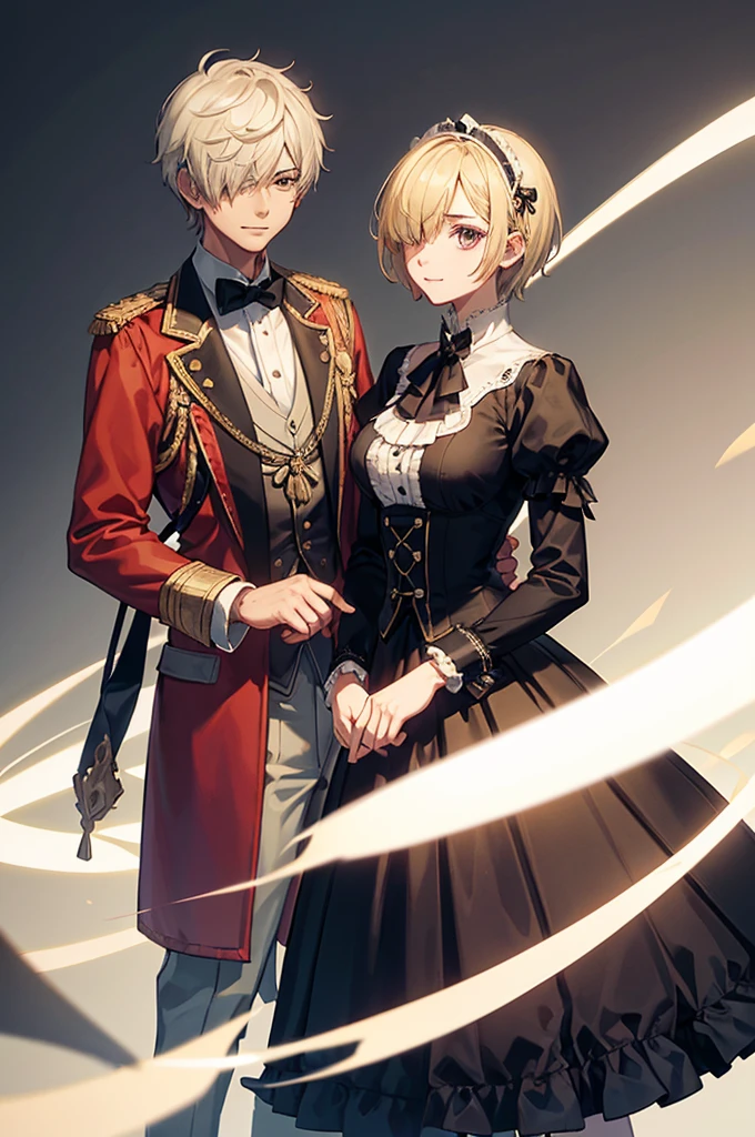 1 person, mature, (((Woman dressed as a man))),(((Butler))), count, viscount, Victorian era,(Barrette)、(((Hair on one eye)))、(((Blonde short hair))),(Red eyeedium Breast),smile、 suit, coat,  White gloves, Gold and red design, Black Shirt, No background, Absurd, High resolution, Super sharp, 8K, masterpiece, View your viewers, Are standing, No background, No background, White Background