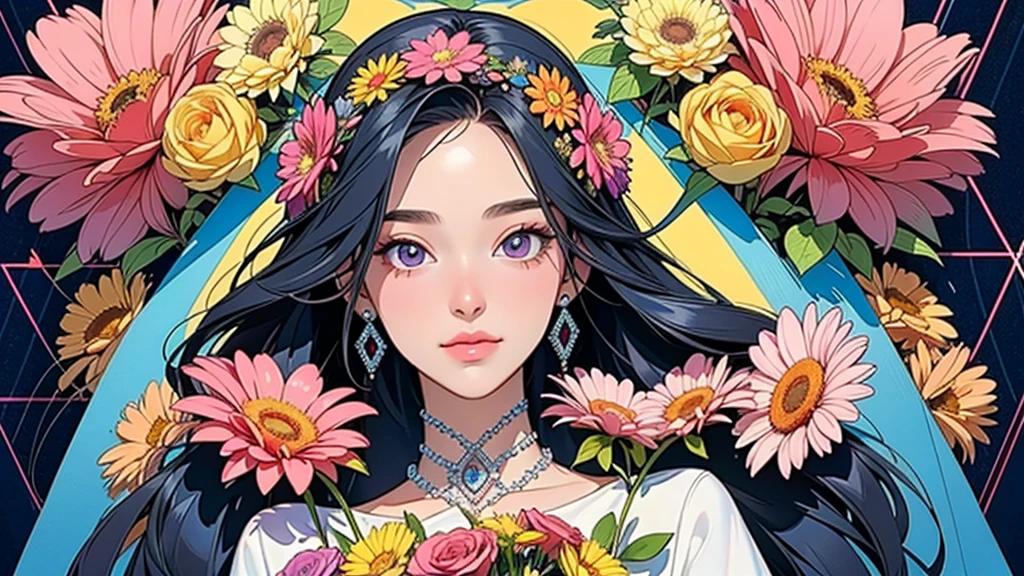 (ultra-Detailed Background, Detailed Background), Absurd, High resolution, Super detailed, Very detailed, One girl, (bouquet:1.3), (Tangled:1.2), (Geometric:1.2),(colorful),