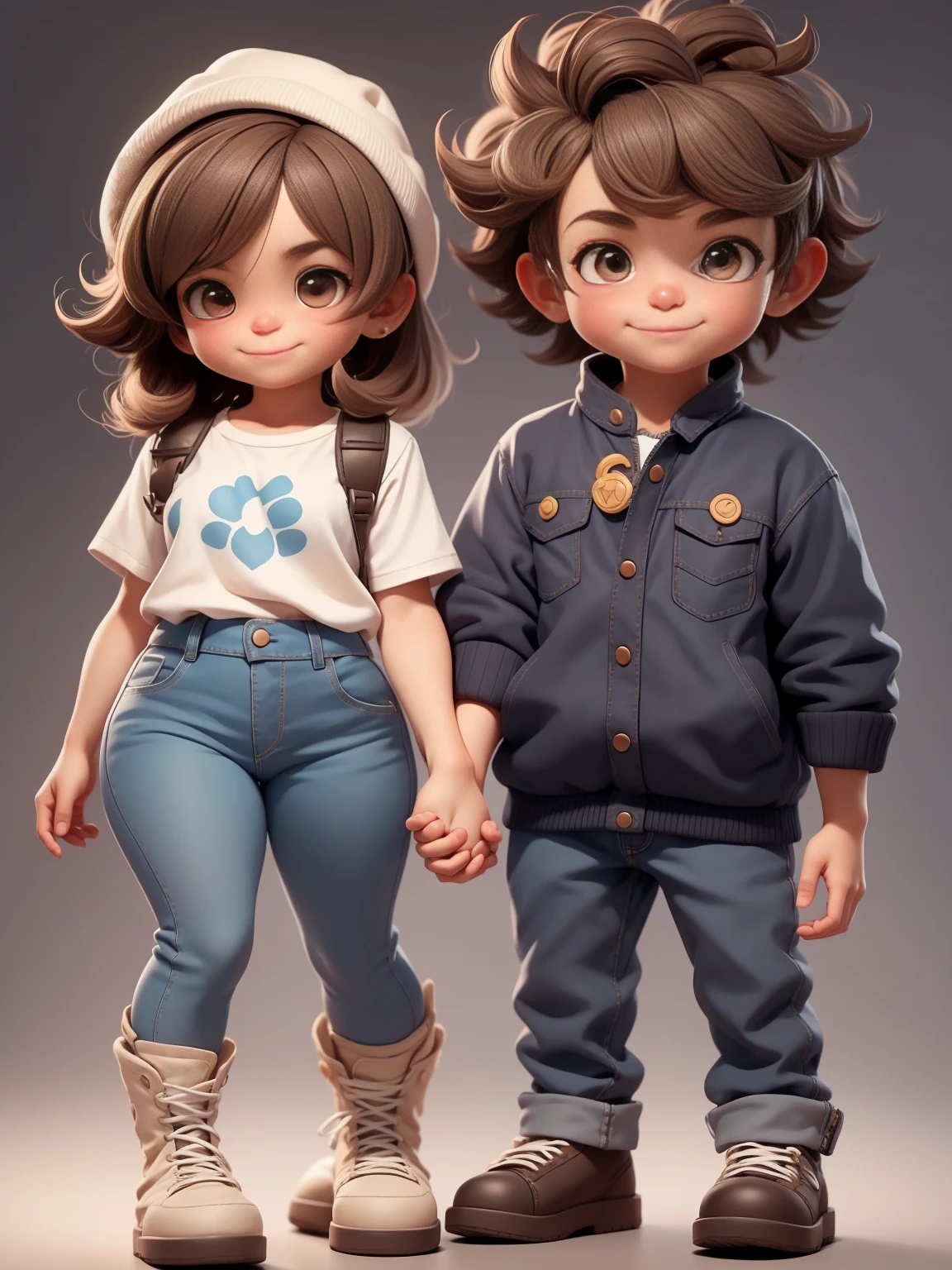 2 joyful people(1 guy and 1 girl), holding hands, Brother and sister, Love, friendship, chubby, brown-eyed, very shaggy tousled brown hair, white shirt and jeans, lace-up boots, smile at each other; whole body, realistic skin, Realistic eyes, Same height, Modern, High quality textures, very detailed, Anatomical Realism of Hands, Fantastic cutie, funny, IP design, Clean 3D rendering of bright backgrounds, OC rendering, 8K, мягкий focus, Ultra-Thin Glossy Detail --Air 3:6 50 --q 2 --niji 5 --expressive style --s 2