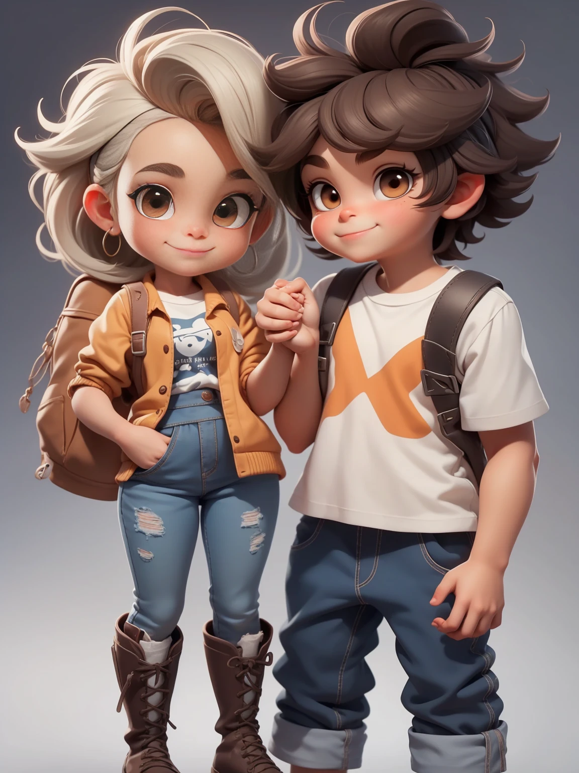 2 joyful people(1 guy and 1 girl), holding hands, Brother and sister, Love, friendship, chubby, brown-eyed, very shaggy tousled brown hair, white shirt and jeans, lace-up boots, smile at each other; whole body, realistic skin, Realistic eyes, Same height, Modern, High quality textures, very detailed, Anatomical Realism of Hands, Fantastic cutie, funny, IP design, Clean 3D rendering of bright backgrounds, OC rendering, 8K, мягкий focus, Ultra-Thin Glossy Detail --Air 3:6 50 --q 2 --niji 5 --expressive style --s 2