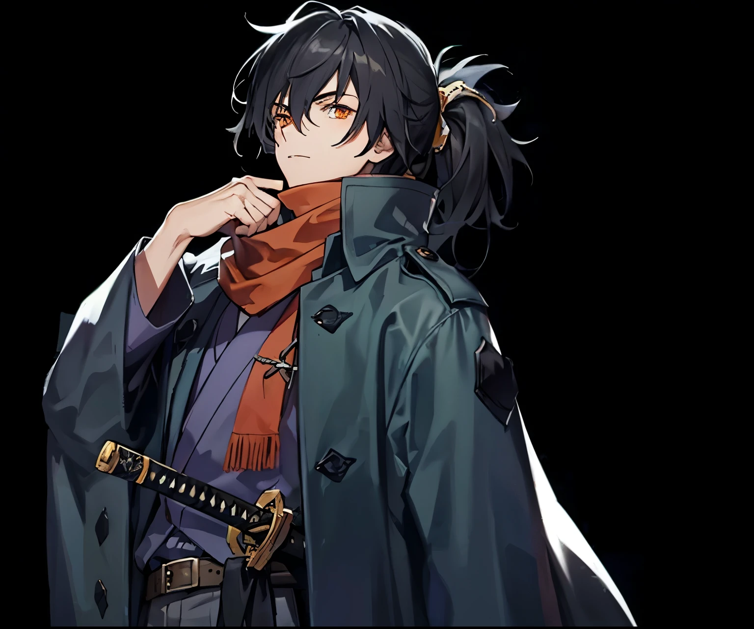 Masterpiece, Best Quality, Ultra-Detailed, 1man, young, 24 years old, black hair, ponytail, orange eyes, social shirt, gray shirt, bottom-up shirt, black coat, overcoat, black overcoat, scarf, orange scarf, katana on waist, black sword grip on waist, samurai clothes, pirate clothes, pirate coat, black details, Medium Close-up, Feminine,1woman, dg_Mark, encouraging facial expression