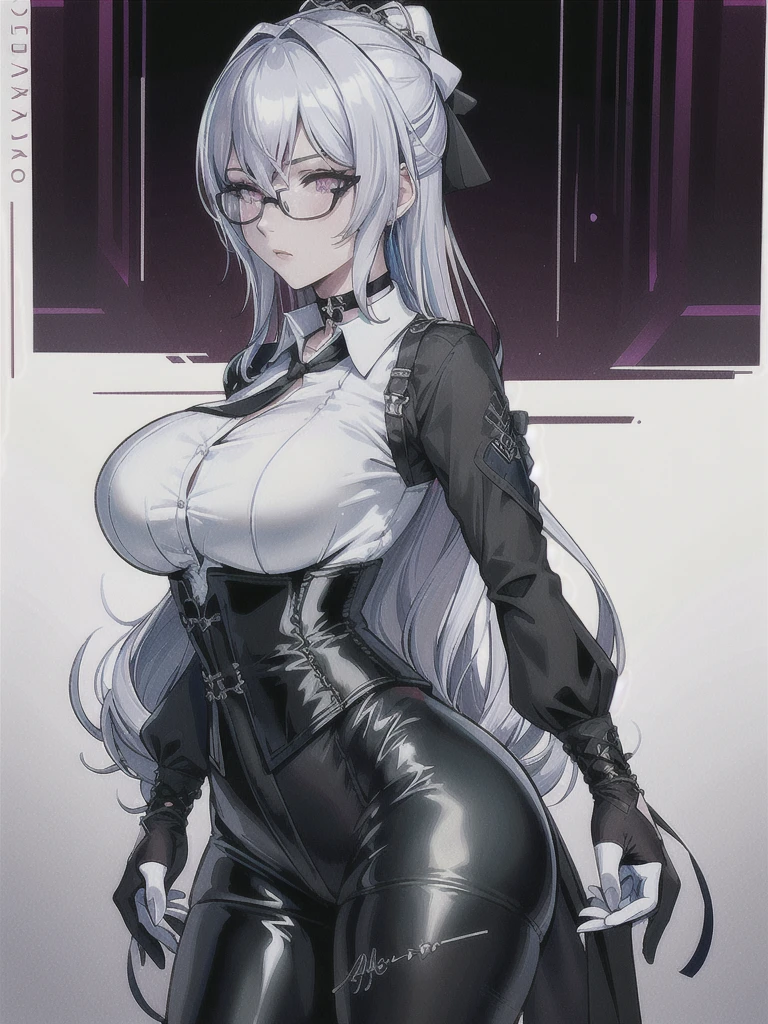 Masterpiece, Beautiful art, professional artist, 8k, art style by sciamano240, rostro de Bronya Zaychik, detailed body, Very detailed face, very detailed eyes, Detailed clothing, detailed fabric, Best Quality, better resolution, 1 girl, view from behind, perfect ass, standing, big breasts, serious expression, at night , silver hair, glasses, choker:1.6, (long sleeve white collar buttoned shirt), (shiny black corset), black gloves covering your hands,  (shiny black leggings), looking at the viewer, elegant room, at night