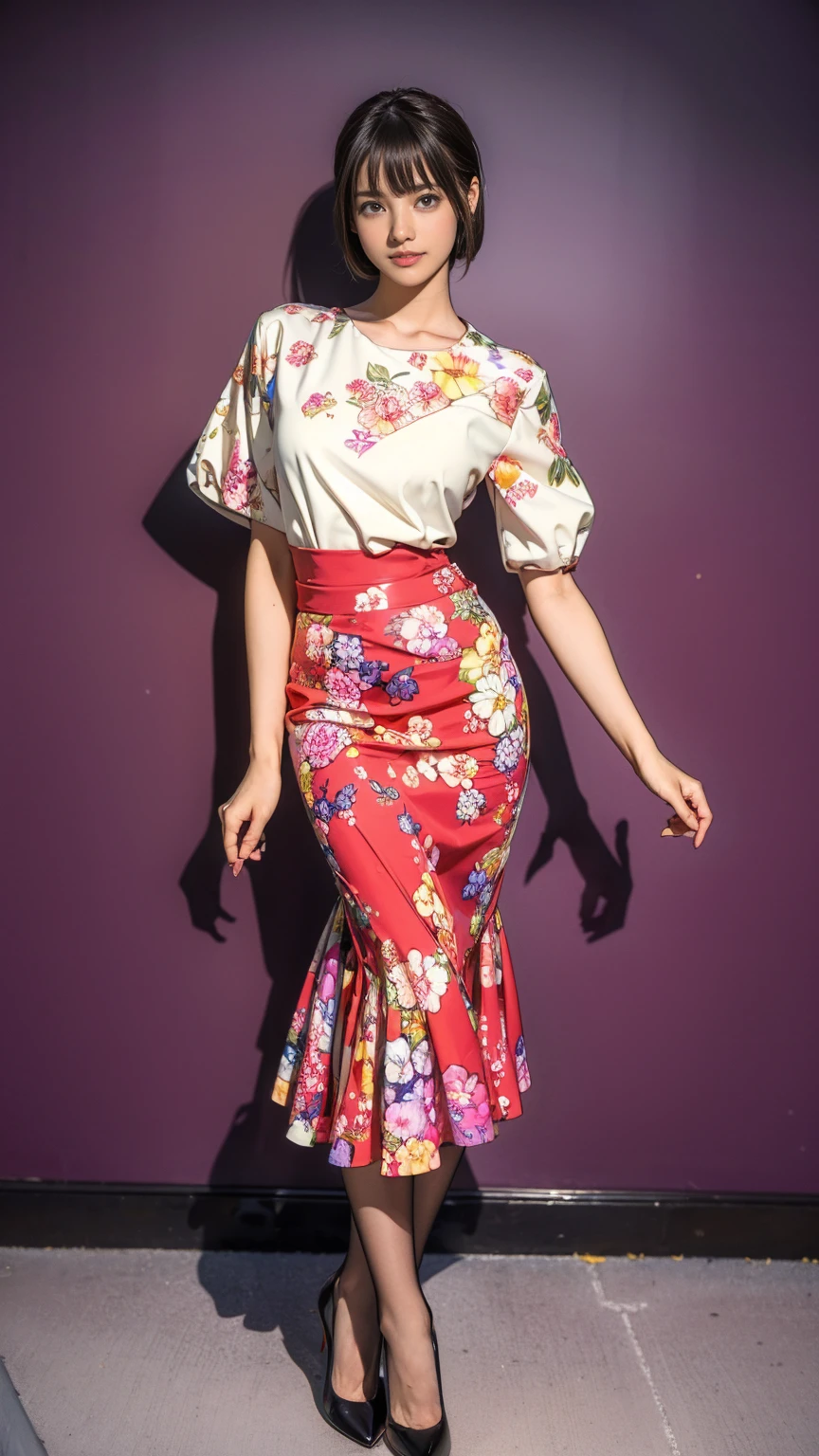 ((masterpiece)),(((Highest quality))),Thin thighs,Long legs,whole body:1.5,(One Girl:1.3),(Black pantyhose and thick pointy heels:1.3),(Wearing a floral print mid-long flared skirt dress:1.2),Short blonde hair:1.2、Model pose,