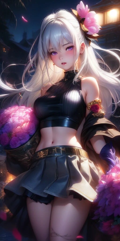 realistic, 1girl, white hair, purple eyes, glowing eyes, crop top, skirt, parted lips, blush, night, flowers, sun, sunlight,