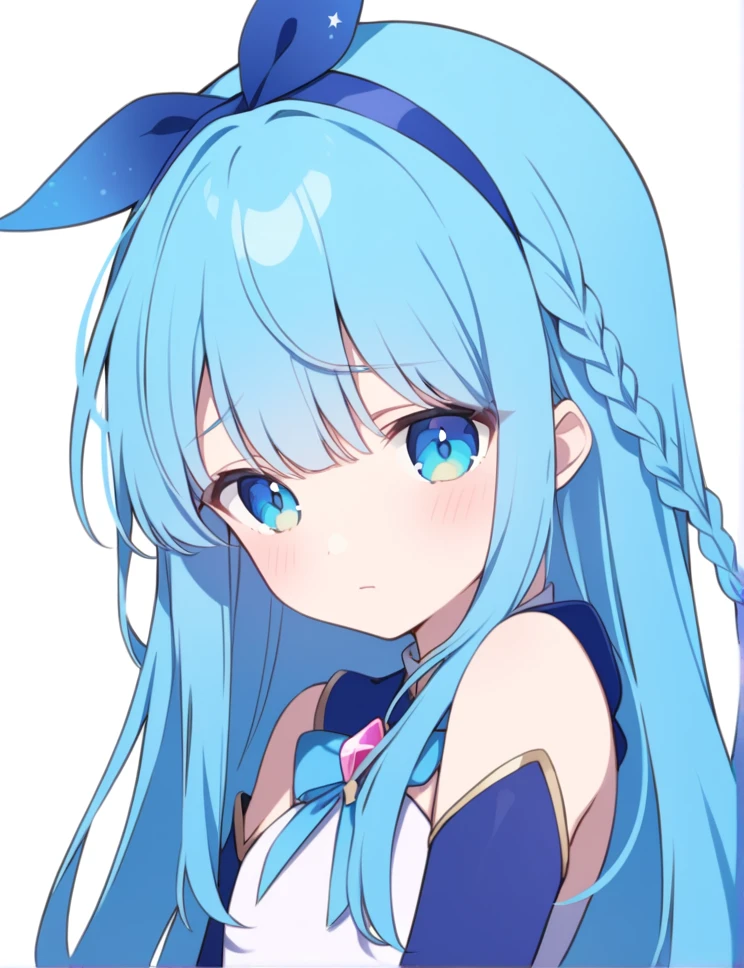 Blueberry girl,sad,blue magical girl,cyan eyes,long straight hair,cyan braids on both side