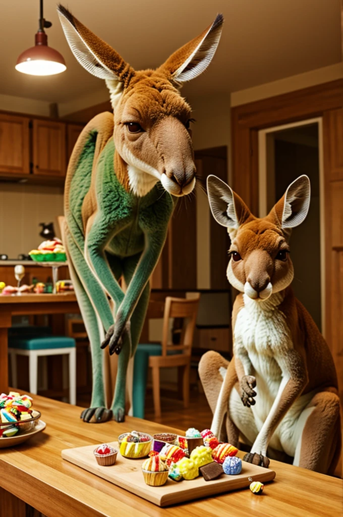an animated kangaroo eating sweets in a house 