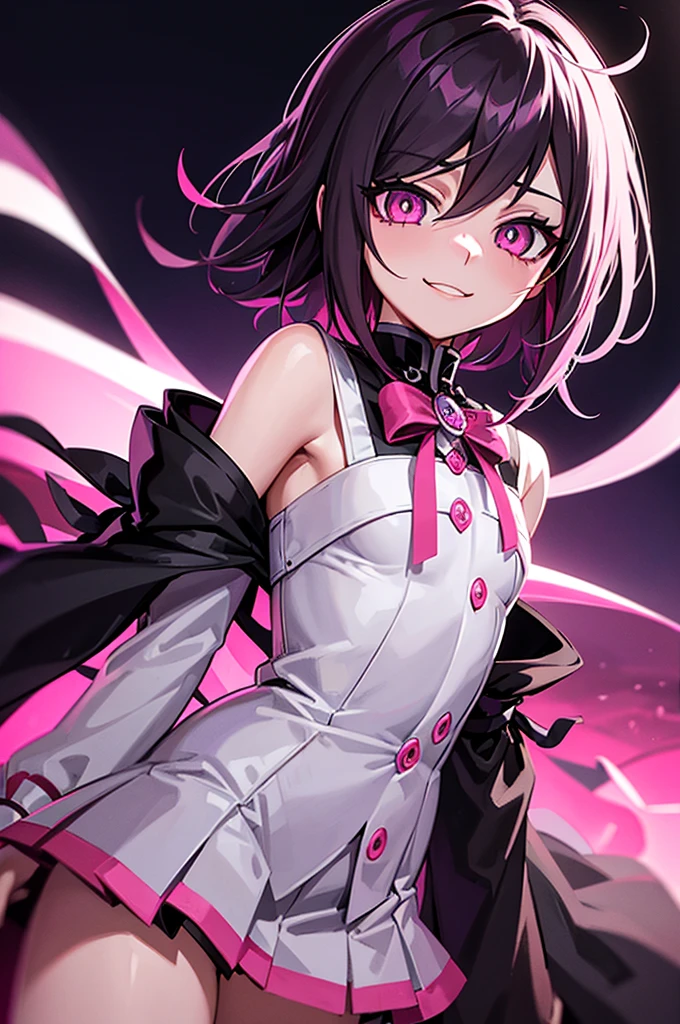 Kokichi Danganronpa Game, pink pupils, sinister smile, dark night landscape with withered flowers, light white and pink dress with two red ribbons on the side, with blood on the forehead