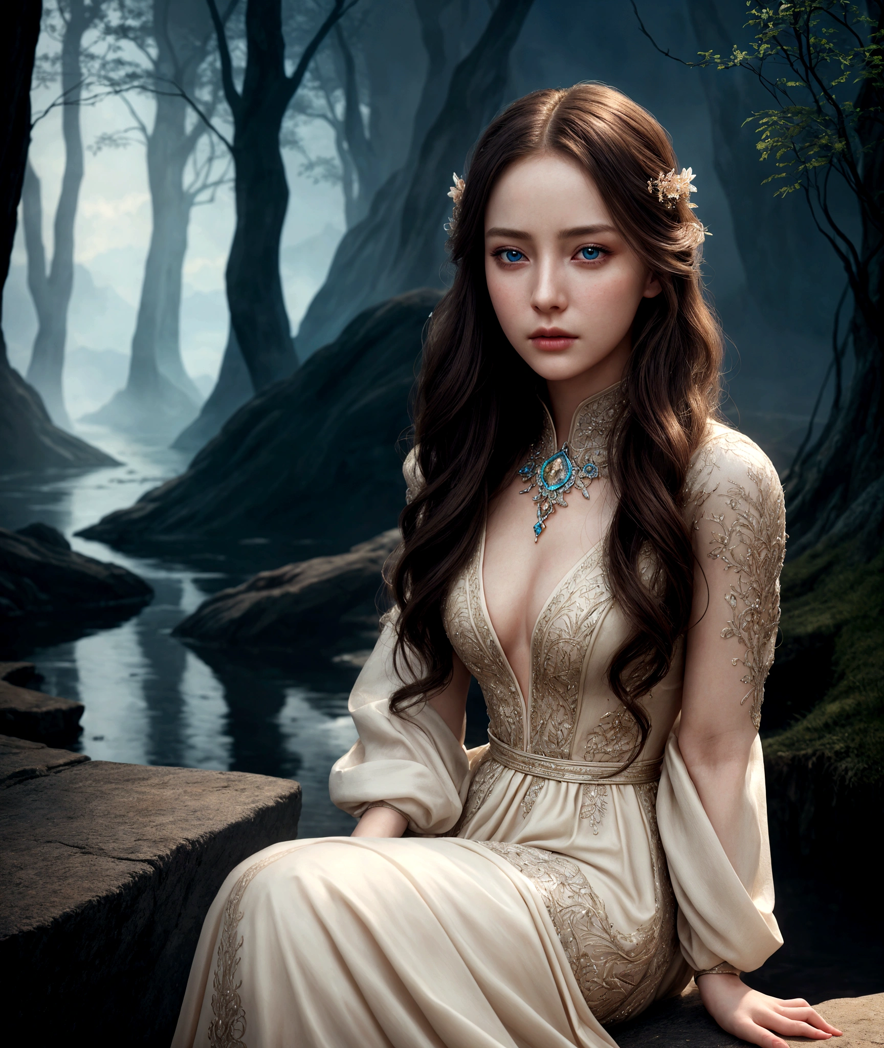 1 girl, cinematic, intricate detailed face, detailed eyes, detailed lips, porcelain skin, flowing hair, elegant dress, serene expression, dramatic lighting, cinematic atmosphere, fantasy landscape, magical realism, vivid colors, high quality, photo-realistic, 8k, sitting