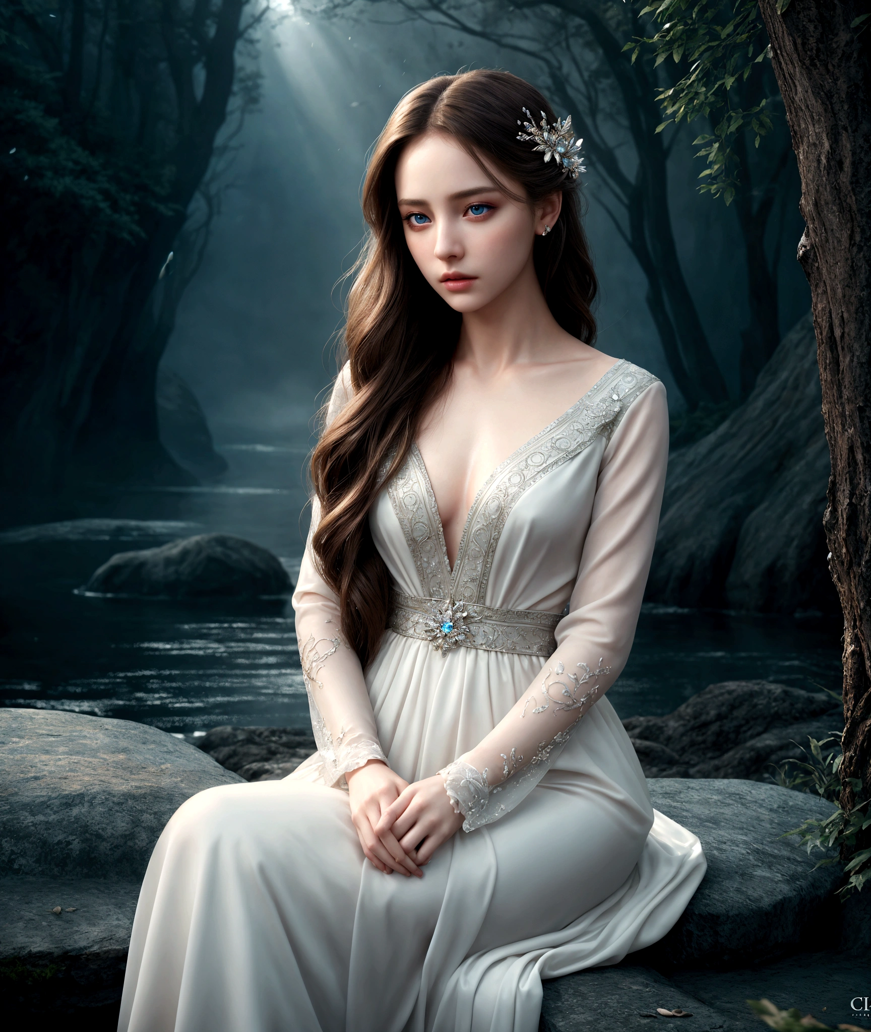 1 girl, cinematic, intricate detailed face, detailed eyes, detailed lips, porcelain skin, flowing hair, elegant dress, serene expression, dramatic lighting, cinematic atmosphere, fantasy landscape, magical realism, vivid colors, high quality, photo-realistic, 8k, sitting