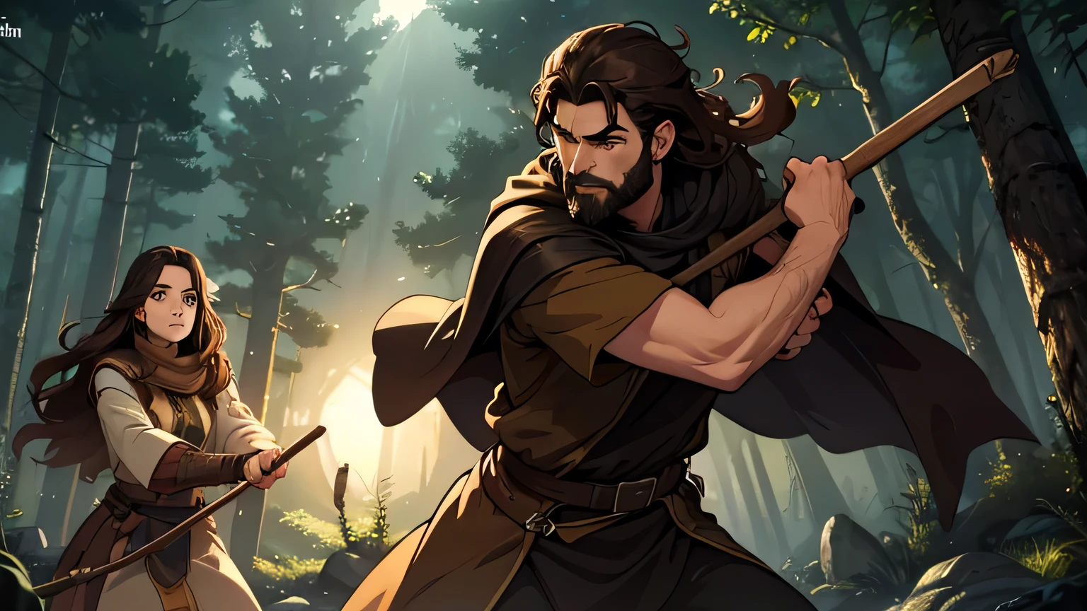 motion scene of  man with dark brown beard, long dark brown hair, light yellow-brown eyes and dark brown and light brown tunic from the 4th century BC. C., with a light brown cloak, about 50 years old, attacking with a wooden stick, in a dark and mysterious forest at night, movement scene in the forest, changing lighting, hyper-realistic, cinematic lighting,