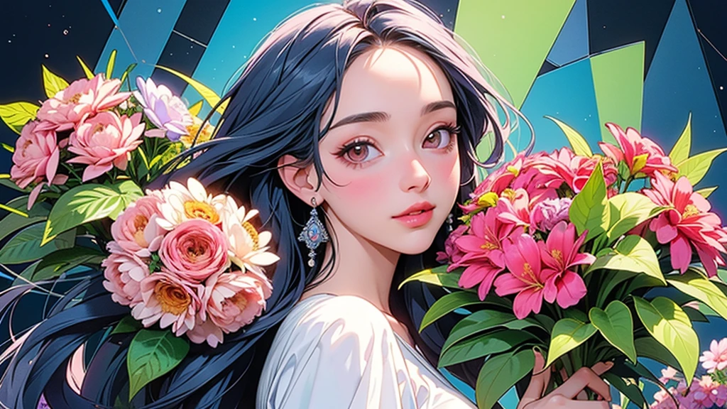 (ultra-Detailed Background, Detailed Background), Absurd, High resolution, Super detailed, Very detailed, One girl, (bouquet:1.3), (Tangled:1.2), (Geometric:1.2),(colorful),