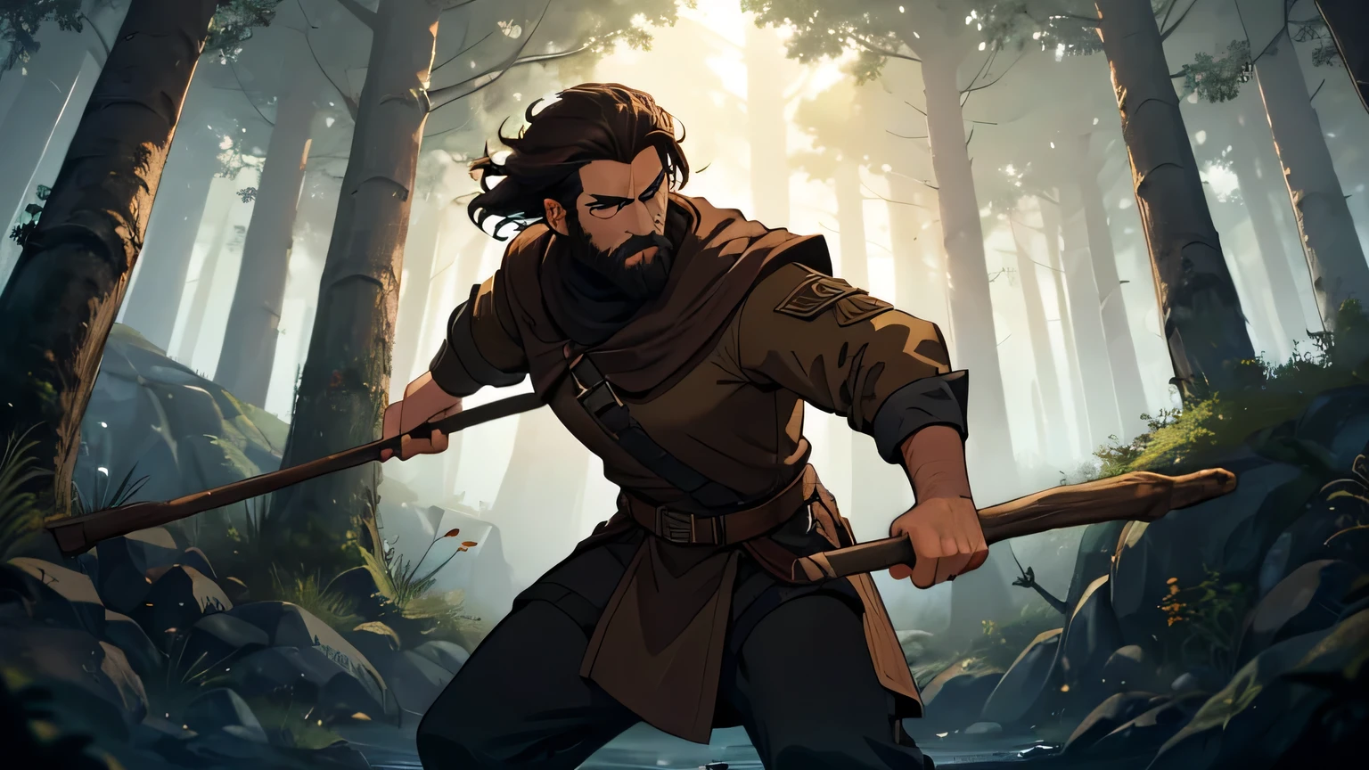 motion scene of man with dark brown beard, long dark brown hair, light yellow-brown eyes and dark brown and light brown tunic from the 4th century BC. C., with a light brown cloak, about 50 years old, attacking with a wooden stick, in a dark and mysterious forest at night, movement scene in the forest, changing lighting, hyper-realistic, cinematic lighting,