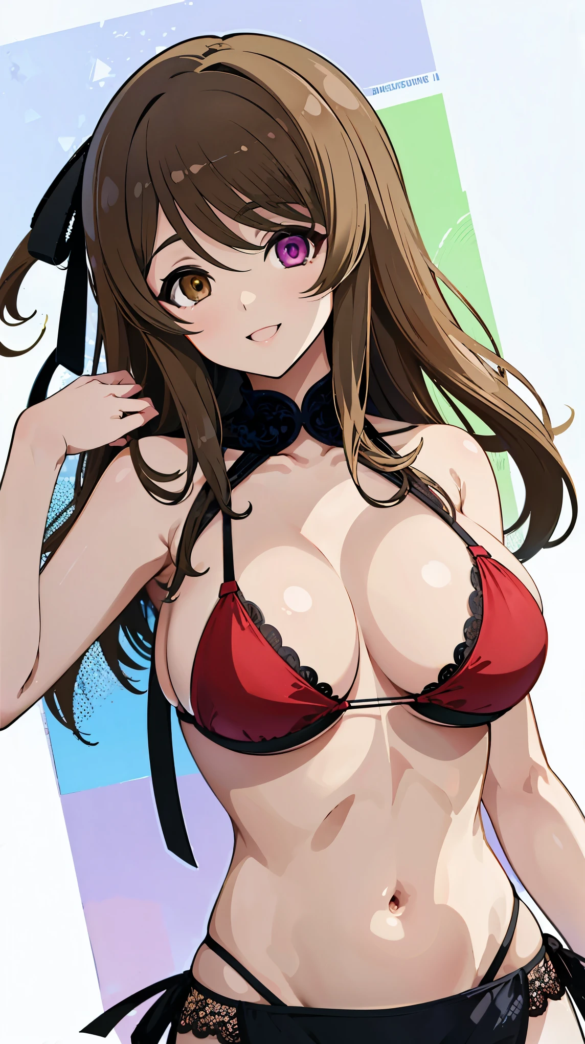 High resolution,masterpiece, Highest quality, Kuo Shenlin , heterochromia , Brown hair, smiling , (((busty))), 1girl, sensual body, Her cheeks flushed, Gravure photography , sexy bikini model, red bikini , micro bikini