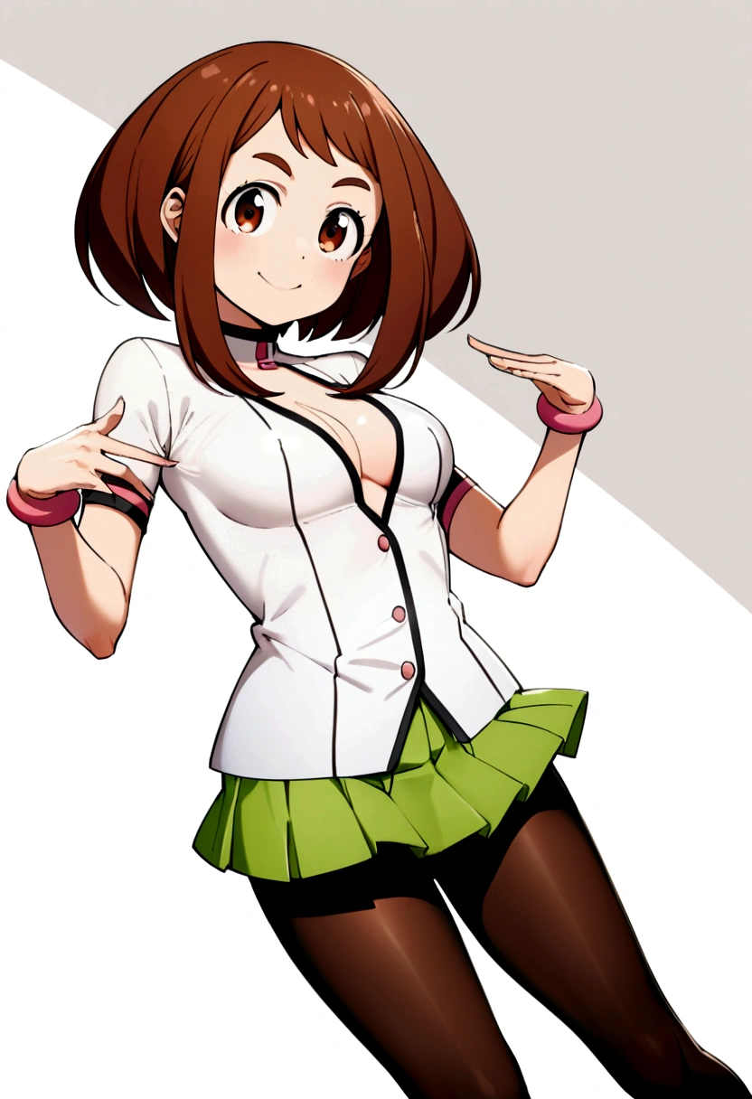Ochako Uraraka, teen, , white unbuttoned blouse, braless, medium breasts, show , green short skirt, black pantyhose, black shoes, SMILE, perfect body, perfect legs, perfect arms, pose sexy