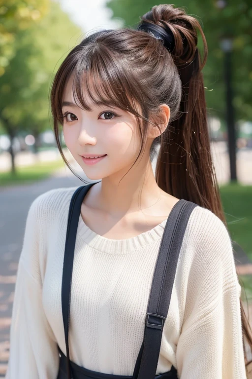 Produce the highest quality and highest resolution 8K images。Please draw the whole body of a 20 year old Japanese woman.。Please draw a scene of a happy dog walking in the park.。She has brown eyes and a model figure.、She has an idol-level cute face.。The hair is in a ponytail。What to wear、He&#39;s wearing a T-shirt and sweatshirt。Skin has a healthy color。